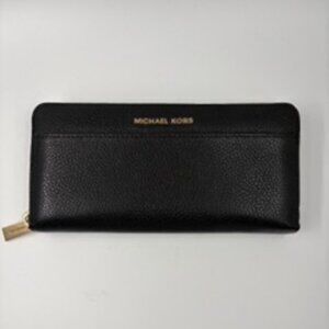 Michael Kors Black Pebbled Leather Continental Wallet Mercer Zip-Around
